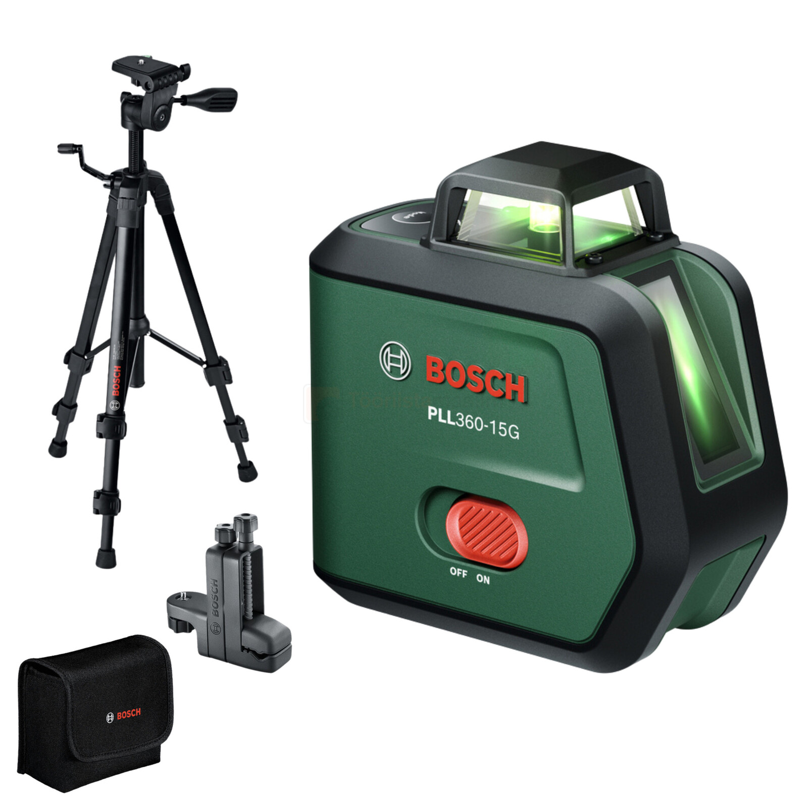 Pildil on Bosch ristjoonlaser PLL360-15G koos TT 120 statiivi, MM 3 klambriga ja tarvikute kotiga.